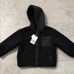 Zara Black Fleece Hooded Jacket size 5 NWT